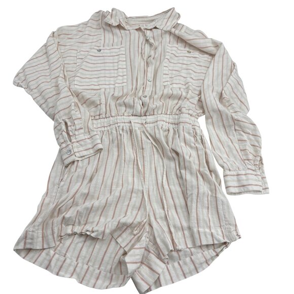 Every Women's Striped Button-Up Romper Sz Small Cotton/Rayon shorts long sleeve - Picture 1 of 5